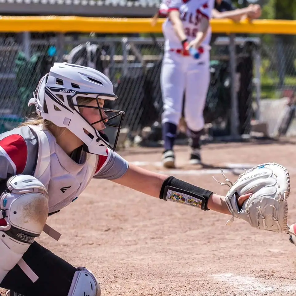 An SEO catcher in full gear reaching for a pitch at home plate.